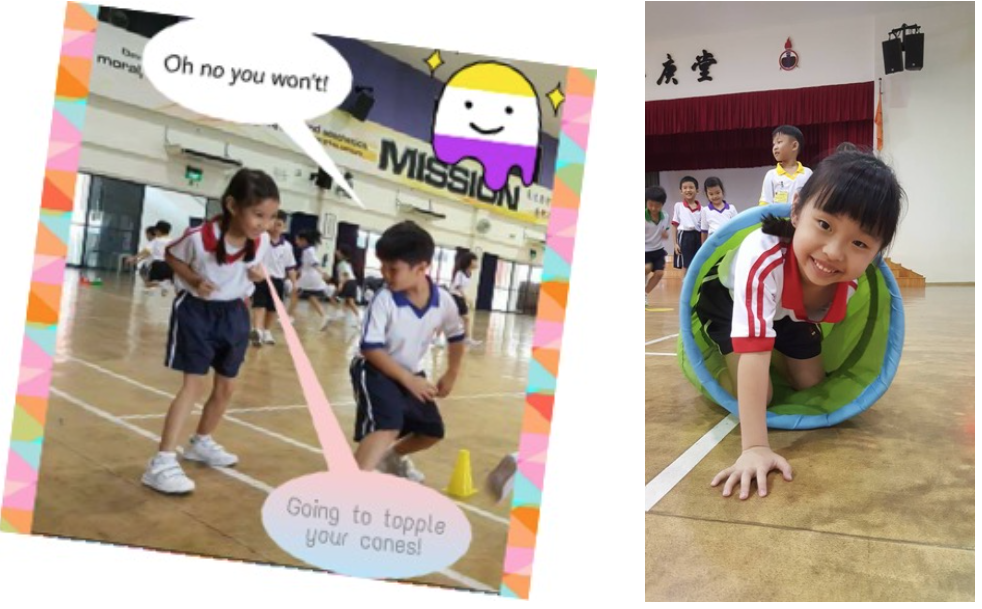 Two school activity photos: children playing a cone game indoors and a smiling girl crawling through a tunnel.
